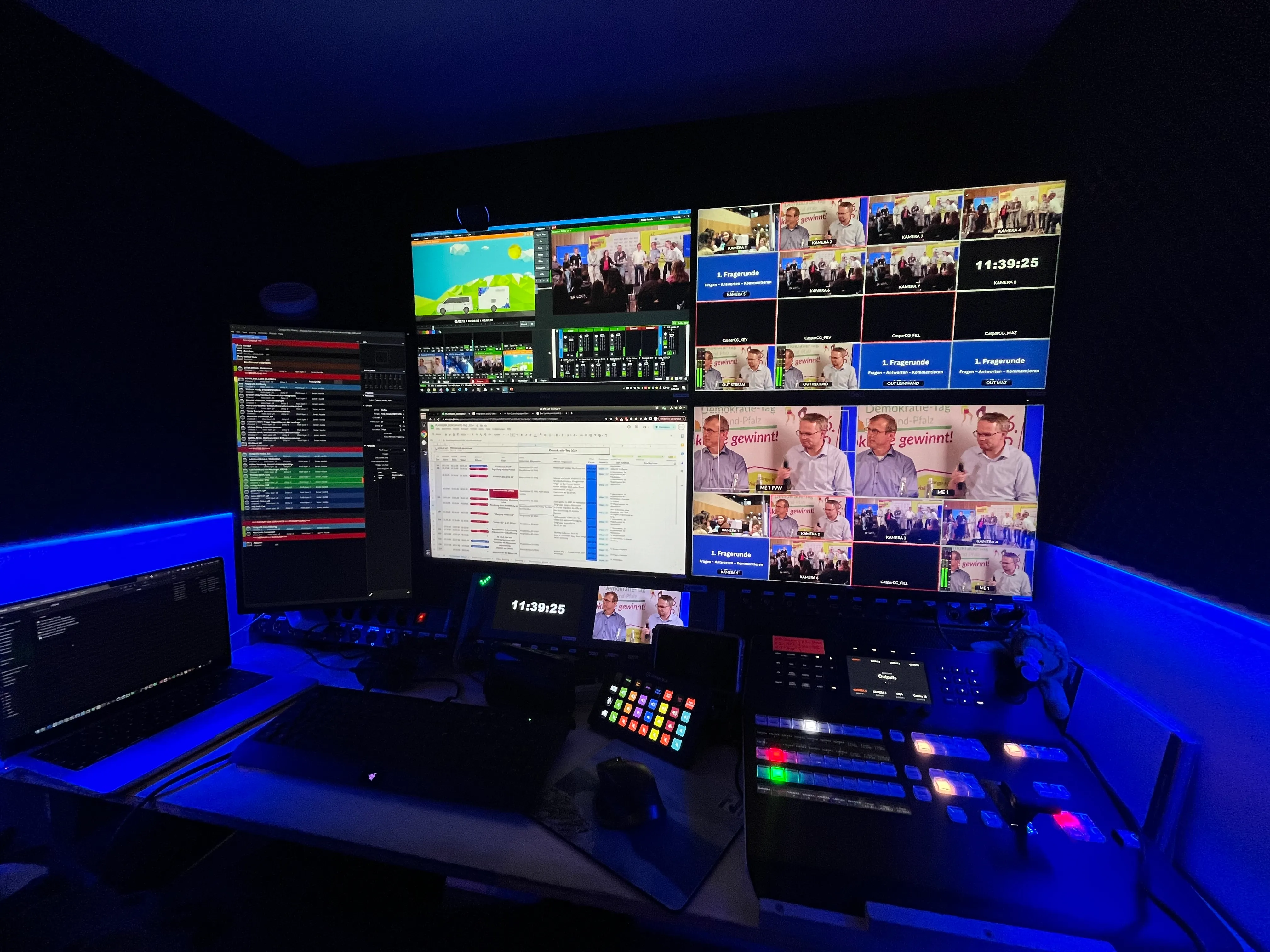 Übertragungswagen mit vielen Bildschirmen und gedimmtem Licht